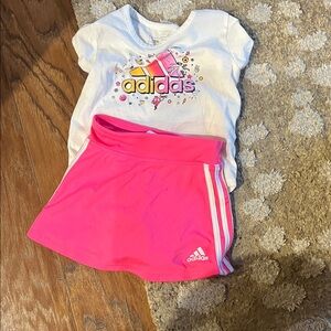 Adidas White Tee with Colorful Logo and Pink Skirt